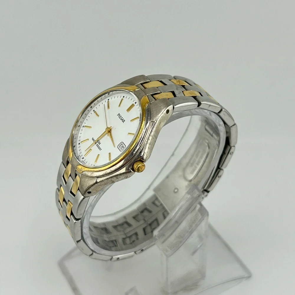 Pulsar Watch Men 35mm White Dial Two Tone Date Round #509